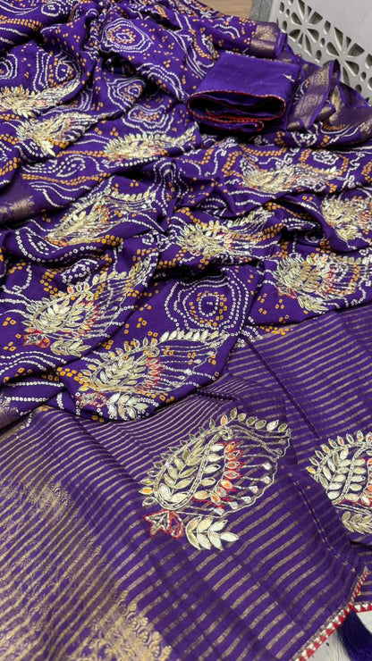 Pure Monga Silk Bandhej Saree with Golden Zari Weaving & Dabka Jardozi Buta | Designer Look