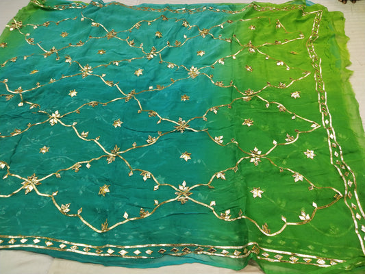 Pure Diamond Chiffon Jaipuri Multi Dye Saree with Kacha Gotta Patti Work | Matching Blouse