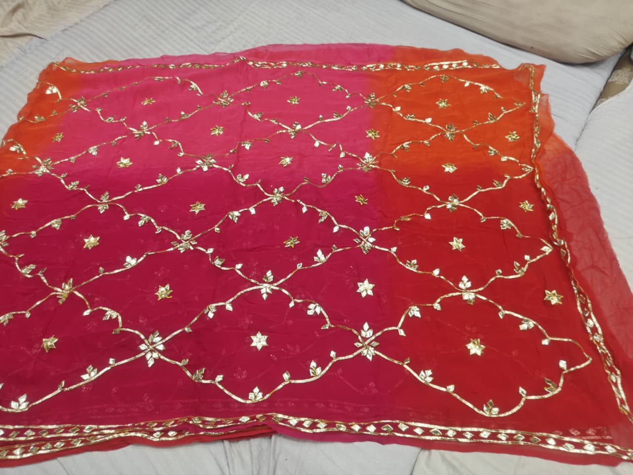 Pure Diamond Chiffon Jaipuri Multi Dye Saree with Kacha Gotta Patti Work | Matching Blouse