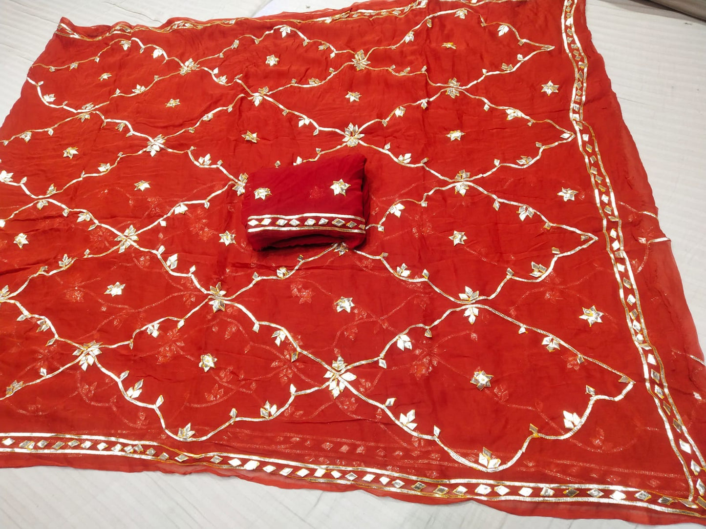 Pure Diamond Chiffon Jaipuri Multi Dye Saree with Kacha Gotta Patti Work | Matching Blouse