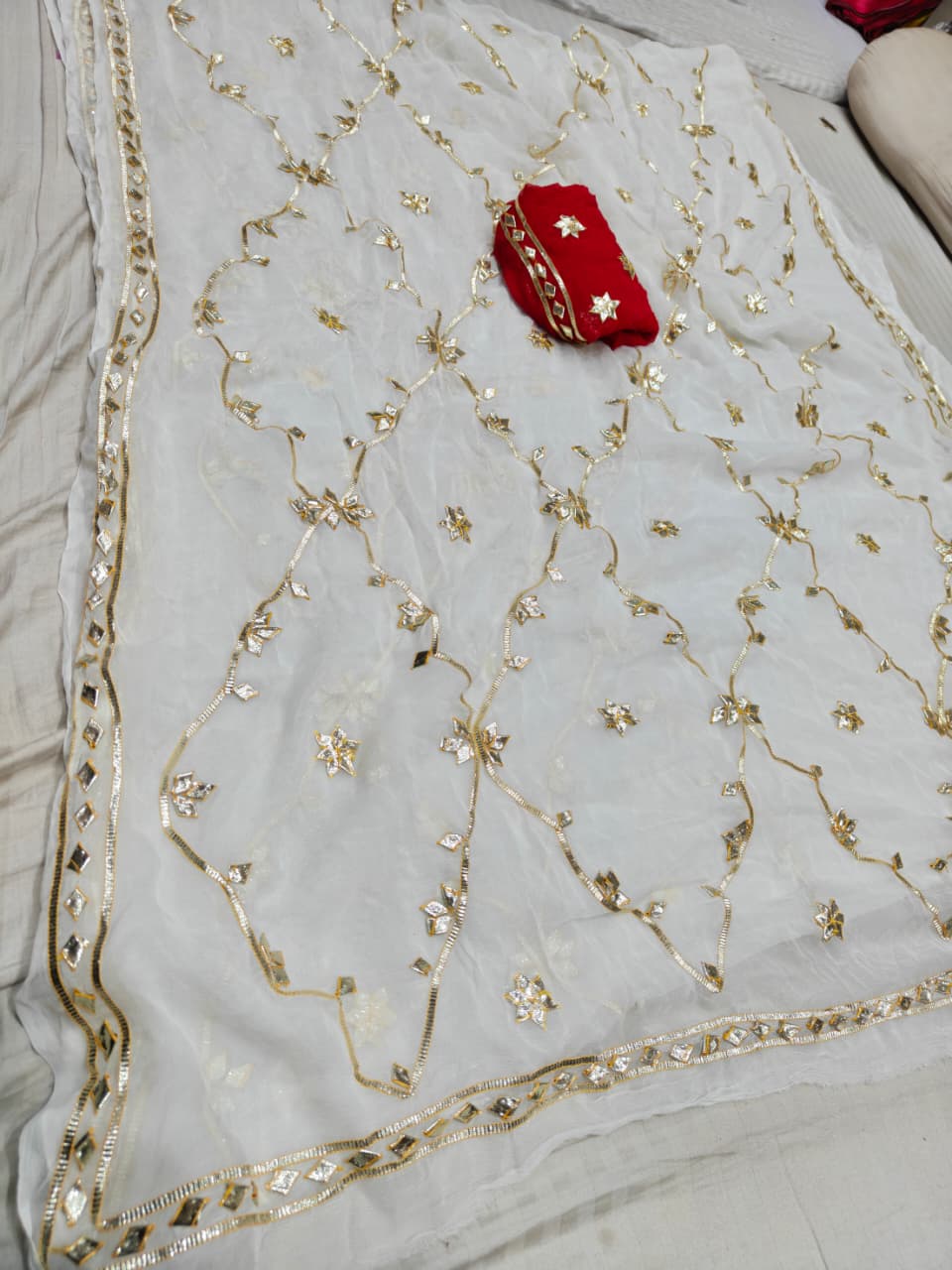 Pure Diamond Chiffon Jaipuri Multi Dye Saree with Kacha Gotta Patti Work | Matching Blouse