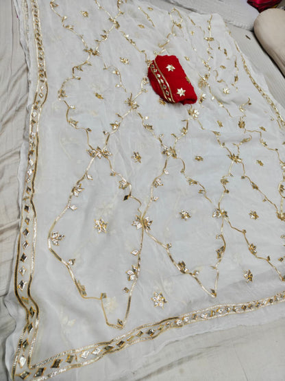 Pure Diamond Chiffon Jaipuri Multi Dye Saree with Kacha Gotta Patti Work | Matching Blouse