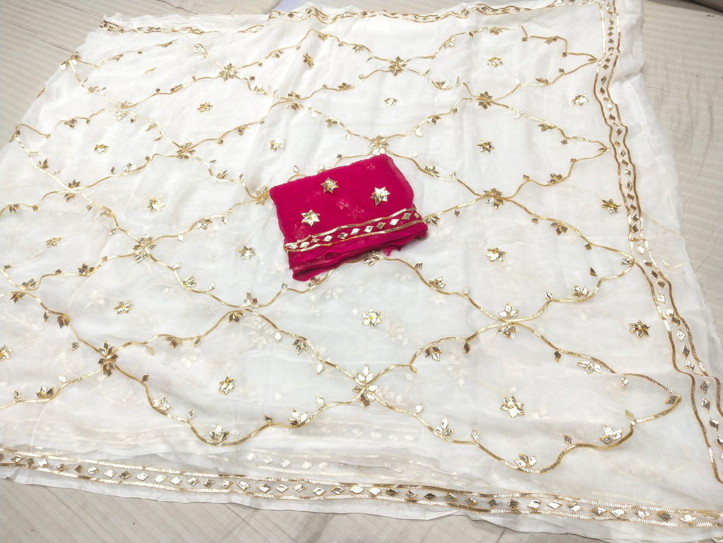 Pure Diamond Chiffon Jaipuri Multi Dye Saree with Kacha Gotta Patti Work | Matching Blouse