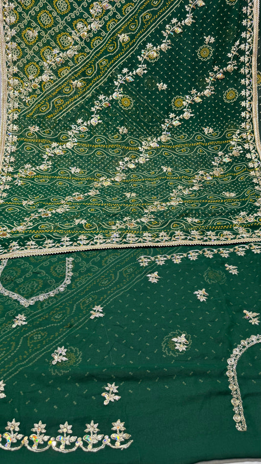 Pure Georgette Rai Bandhej Saree with Heavy Jardozi Work & Fancy Jaal Border