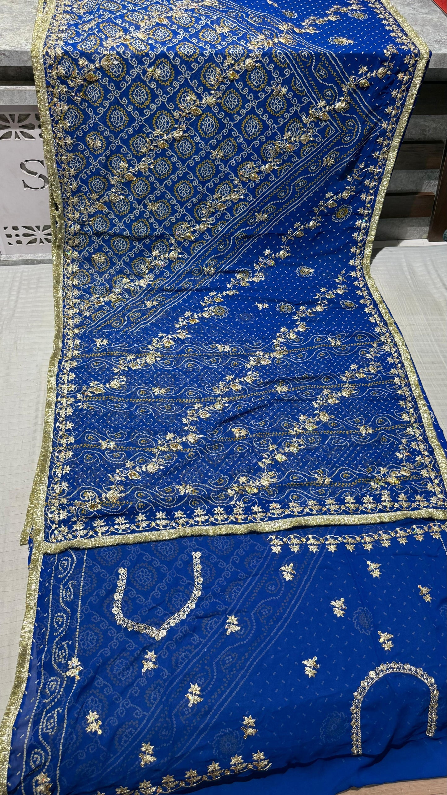 Pure Georgette Rai Bandhej Saree with Heavy Jardozi Work & Fancy Jaal Border