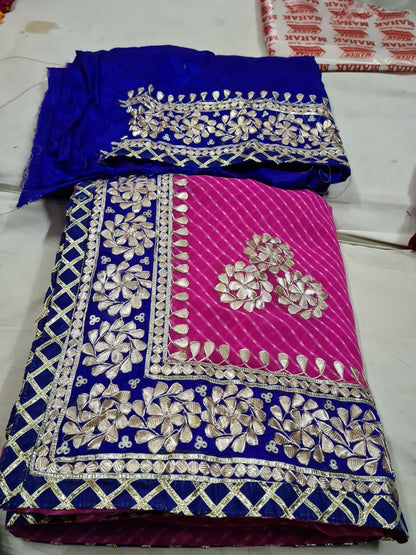 Georgette Mothra Leheriya Saree with Heavy Jaipuri Hand Gotta Patti Work