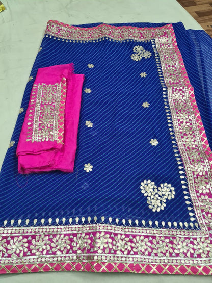 Georgette Mothra Leheriya Saree with Heavy Jaipuri Hand Gotta Patti Work