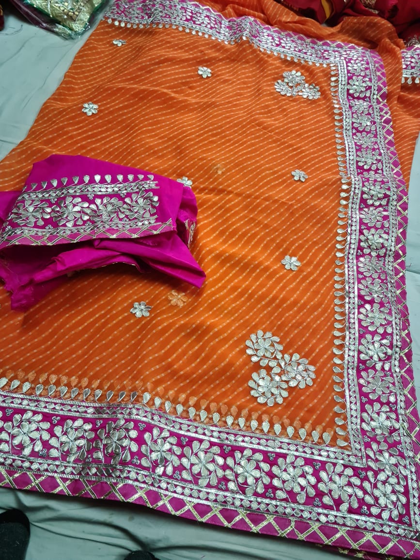 Georgette Mothra Leheriya Saree with Heavy Jaipuri Hand Gotta Patti Work