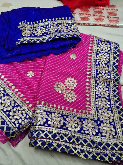 Georgette Mothra Leheriya Saree with Heavy Jaipuri Hand Gotta Patti Work
