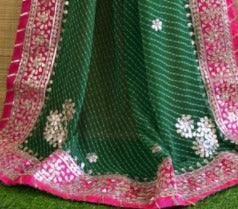 Georgette Mothra Leheriya Saree with Heavy Jaipuri Hand Gotta Patti Work