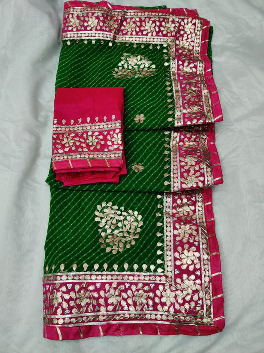 Georgette Mothra Leheriya Saree with Heavy Jaipuri Hand Gotta Patti Work