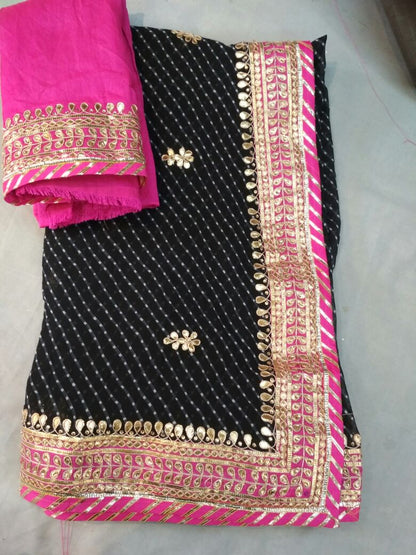 Georgette Mothra Leheriya Saree with Heavy Jaipuri Hand Gotta Patti Work