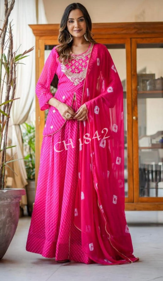 Georgette Leheriya Mothra Print Lehenga with Peplum Top