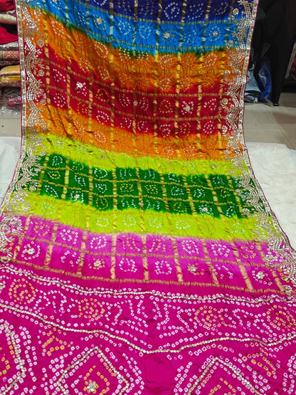Pure Gajji Silk Multicolor Bandhani Saree with Gota Patti Handwork