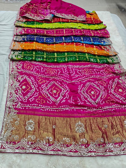 Pure Gajji Silk Multicolor Bandhani Saree with Gota Patti Handwork