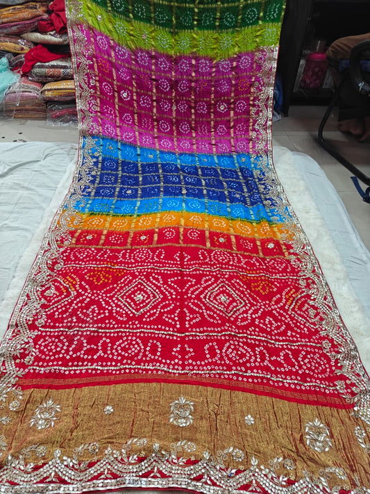 Pure Gajji Silk Multicolor Bandhani Saree with Gota Patti Handwork