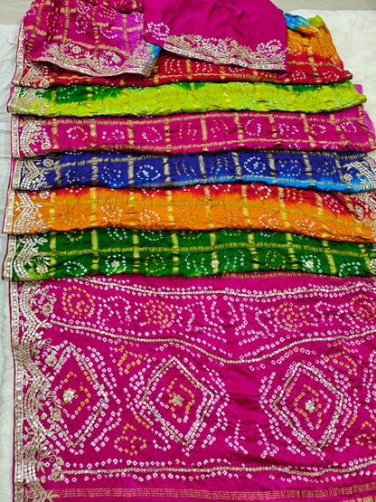 Pure Gajji Silk Multicolor Bandhani Saree with Gota Patti Handwork