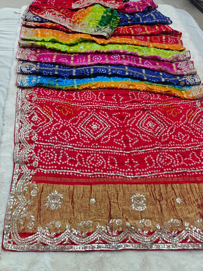 Pure Gajji Silk Multicolor Bandhani Saree with Gota Patti Handwork
