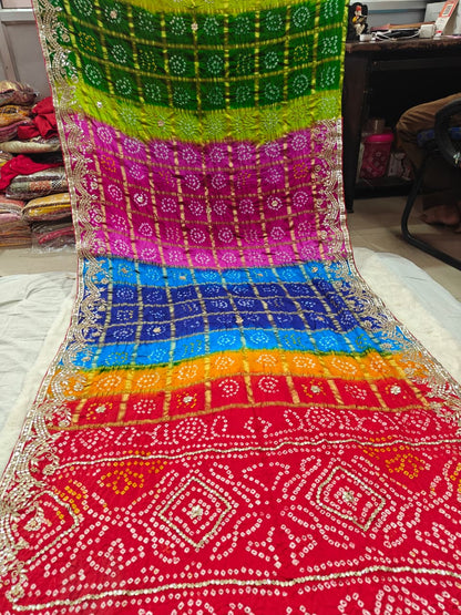 Pure Gajji Silk Multicolor Bandhani Saree with Gota Patti Handwork