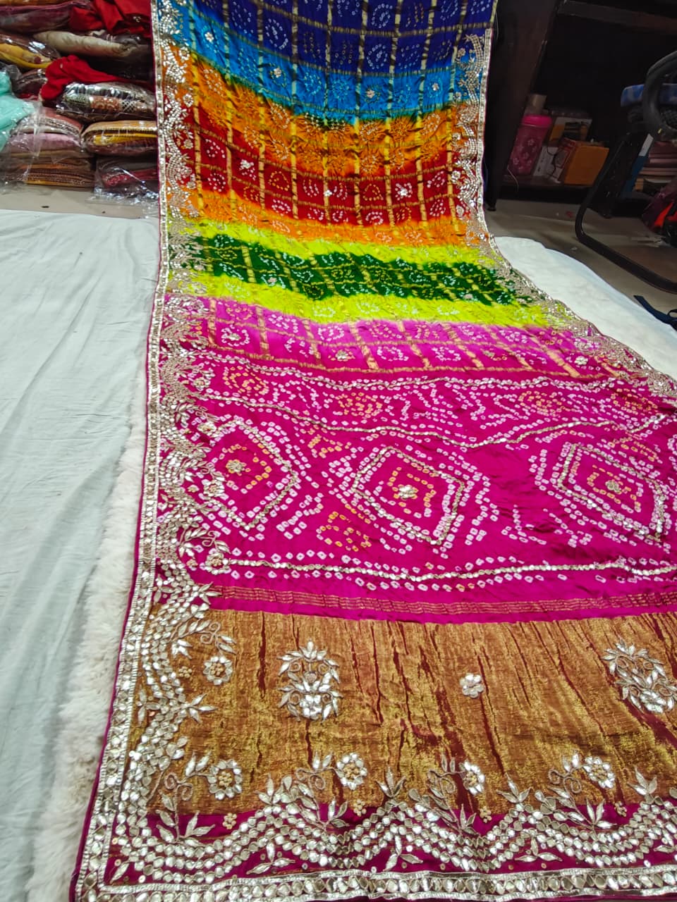 Pure Gajji Silk Multicolor Bandhani Saree with Gota Patti Handwork