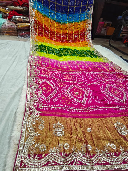 Pure Gajji Silk Multicolor Bandhani Saree with Gota Patti Handwork