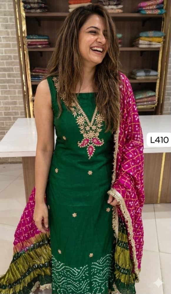 Jaipuri Modal Silk Unstitched Bandhani Gota Suit with Ghatchola Dupatta