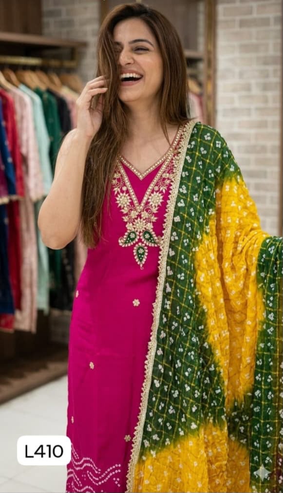Jaipuri Modal Silk Unstitched Bandhani Gota Suit with Ghatchola Dupatta