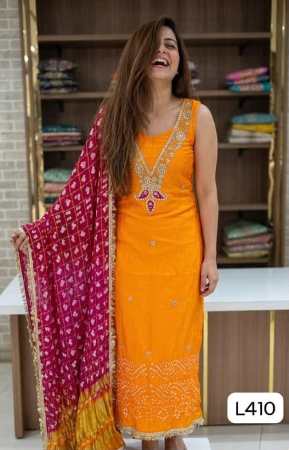 Jaipuri Modal Silk Unstitched Bandhani Gota Suit with Ghatchola Dupatta