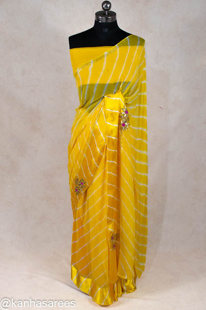 Yellow leheriya handwork buti saree - KANHASAREE