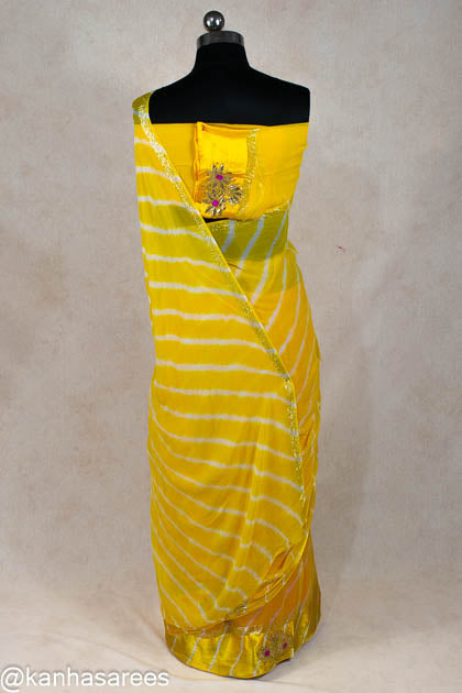 Yellow leheriya handwork buti saree - KANHASAREE