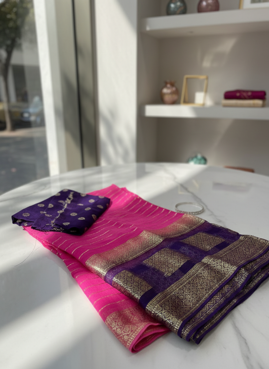 Pure Georgette Pink Saree with Zari Border