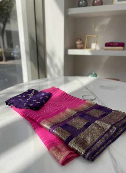 Pure Georgette Pink Saree with Zari Border