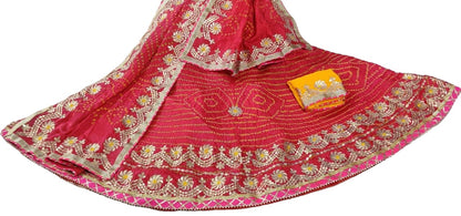 Traditional Jaipuri Bandhej Silk Lehenga with Heavy Gota Patti Work - KANHASAREE