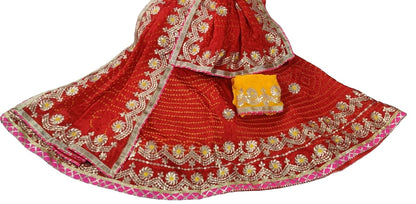 Traditional Jaipuri Bandhej Silk Lehenga with Heavy Gota Patti Work - KANHASAREE