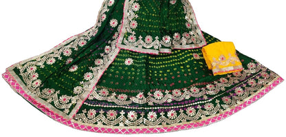 Traditional Jaipuri Bandhej Silk Lehenga with Heavy Gota Patti Work - KANHASAREE