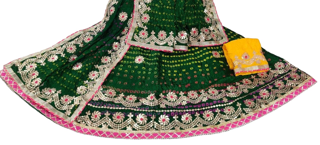 Traditional Jaipuri Bandhej Silk Lehenga with Heavy Gota Patti Work - KANHASAREE
