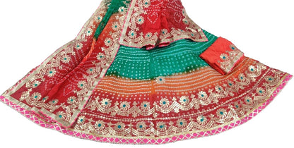 Traditional Jaipuri Bandhej Silk Lehenga with Heavy Gota Patti Work - KANHASAREE