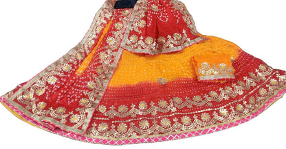 Traditional Jaipuri Bandhej Silk Lehenga with Heavy Gota Patti Work - KANHASAREE