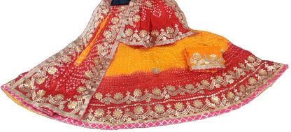 Traditional Jaipuri Bandhej Silk Lehenga with Heavy Gota Patti Work - KANHASAREE