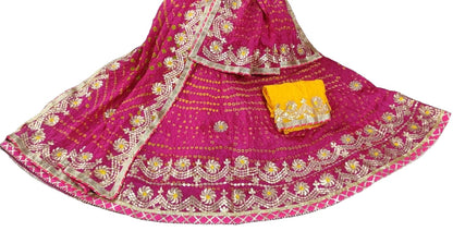 Traditional Jaipuri Bandhej Silk Lehenga with Heavy Gota Patti Work - KANHASAREE