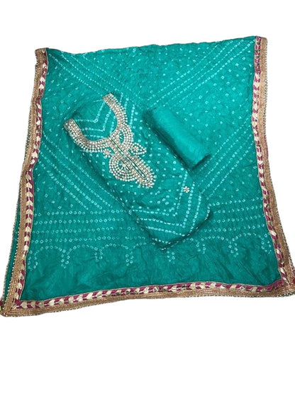 Bandhej Silk Jaipuri Suit Material with Hand Gota Patti Work & Gotta Border Dupatta - KANHASAREE