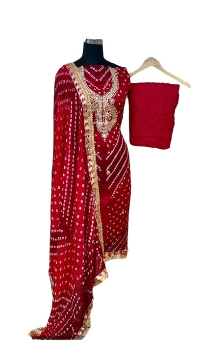 Bandhej Silk Jaipuri Suit Material with Hand Gota Patti Work & Gotta Border Dupatta - KANHASAREE