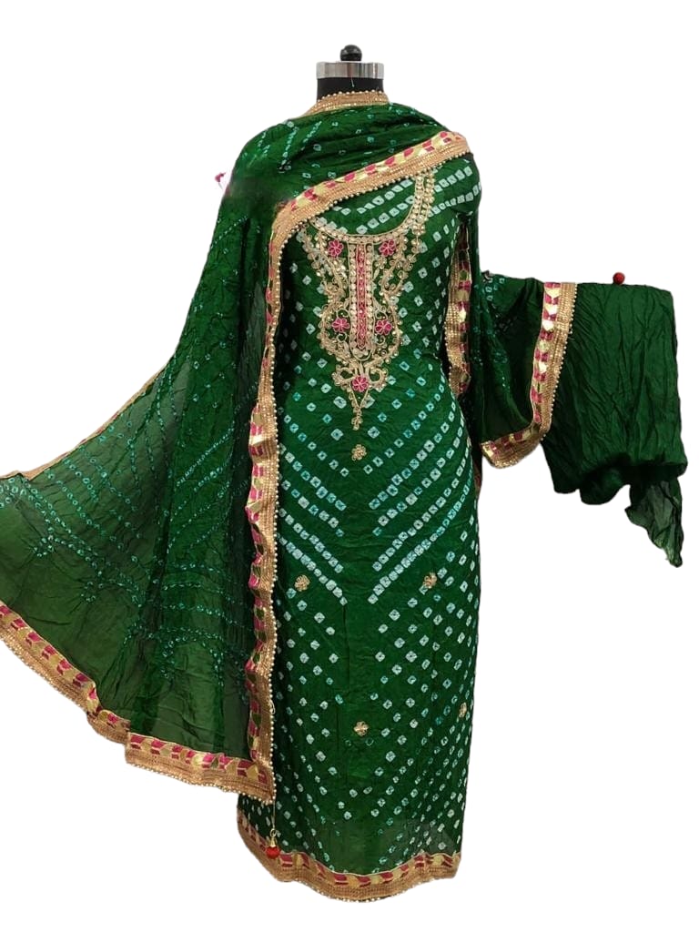 Bandhej Silk Jaipuri Suit Material with Hand Gota Patti Work & Gotta Border Dupatta - KANHASAREE