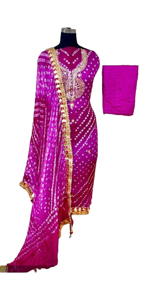 Bandhej Silk Jaipuri Suit Material with Hand Gota Patti Work & Gotta Border Dupatta - KANHASAREE