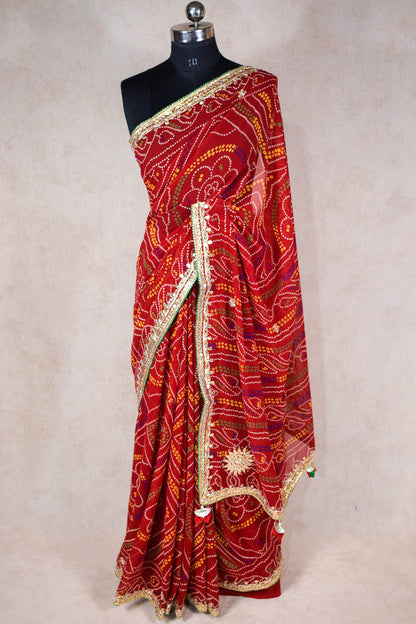 Traditional Red Bandhani Gota Patti Hand Work Saree - KANHASAREE