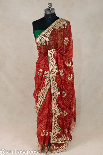 GOTA PATTI BANDHANI SAREE AND HEAVY GOTA PATTI LACE BORDER