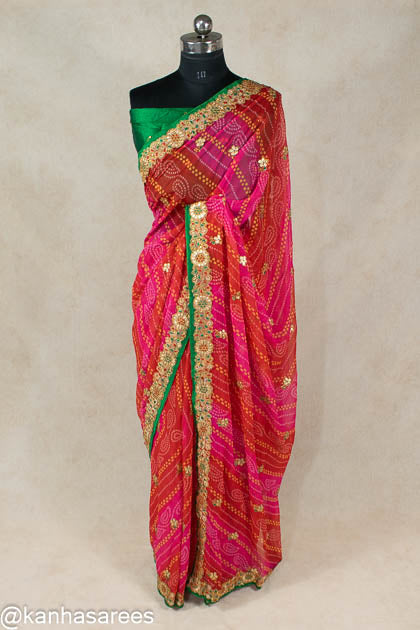 Gota and flower work Bandhani Saree - KANHASAREE