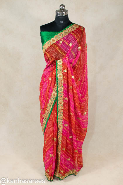 Gota and flower work Bandhani Saree - KANHASAREE