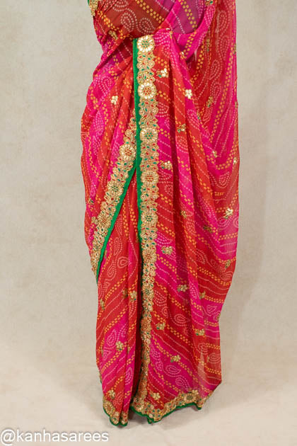 Gota and flower work Bandhani Saree - KANHASAREE