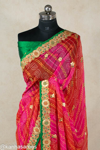 Gota and flower work Bandhani Saree - KANHASAREE